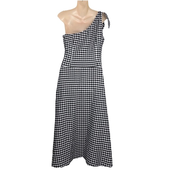By Anthropologie One Shoulder Gingham Midi Dress Black White Cottagecore M - Picture 2 of 12